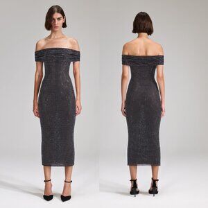 NWT Self-Portrait Off-Shoulder Midi Dress Black Rhinestone Body Con LBD Sz 10